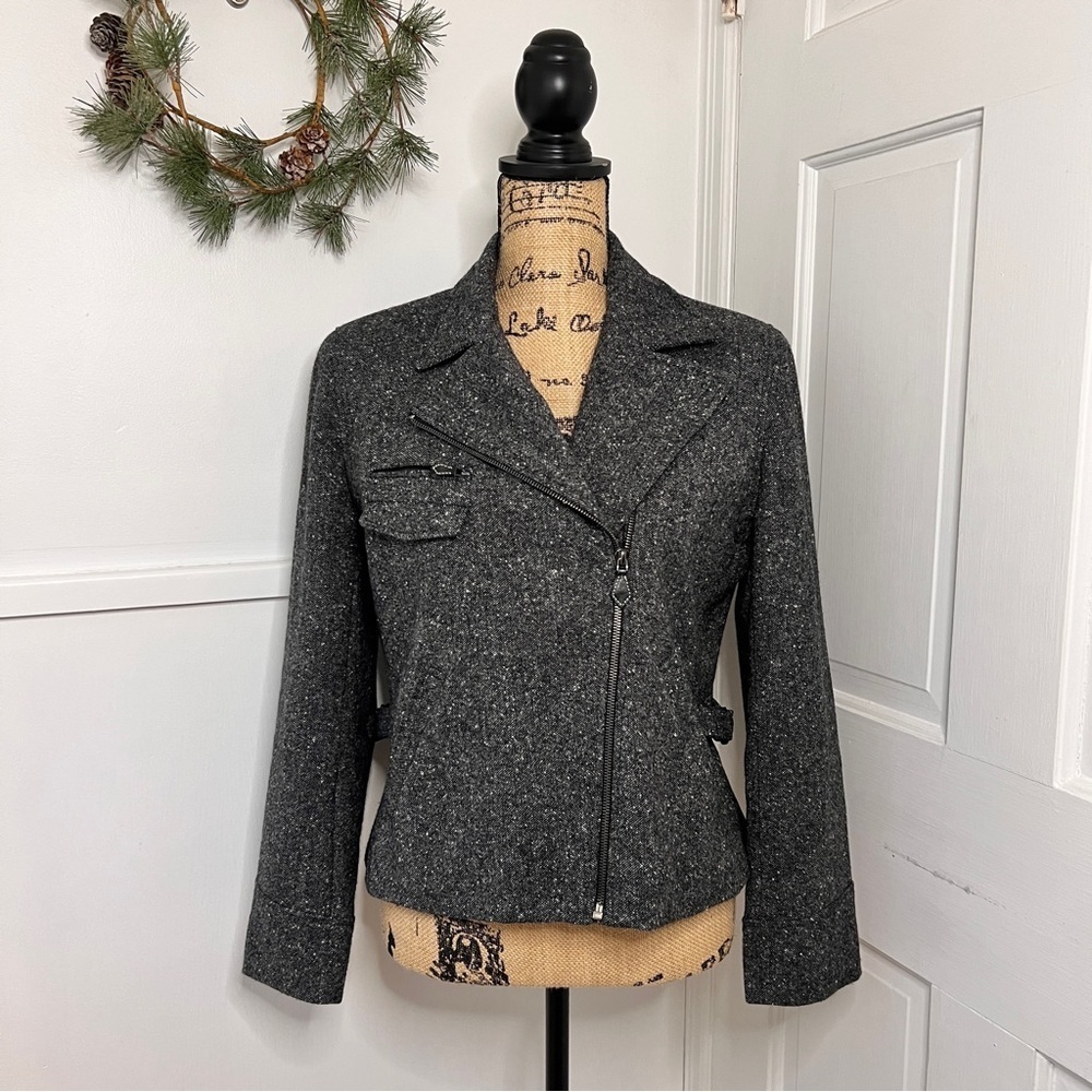 Lauren Ralph Lauren Charcoal Gray Moto Bomber Lambswool Tweed Jacket